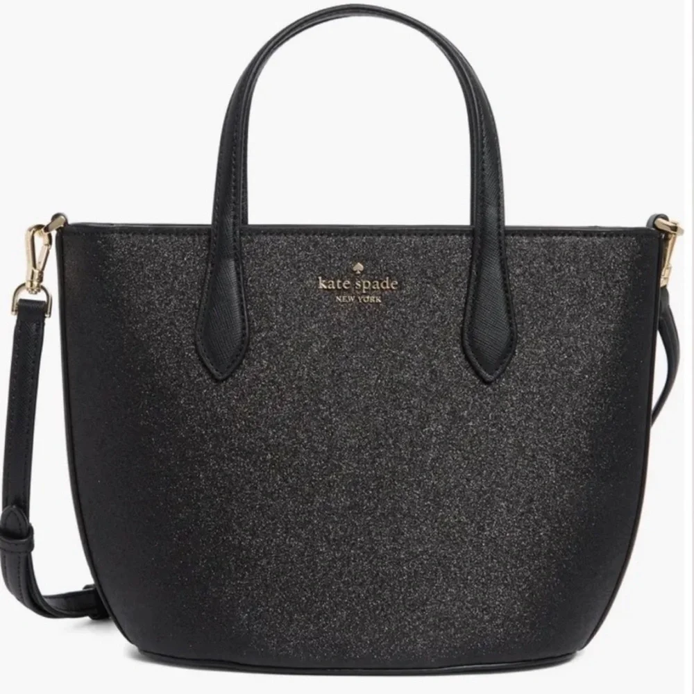 Kate Spade NWT Black Leather Shimmer Removable Crossbody Strap Satchel Tote Bag